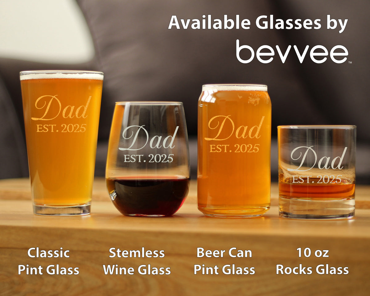 Dad Est 2025 - New Father Stemless Wine Glass Gift for First Time Parents - Decorative 17 Oz Large Glasses