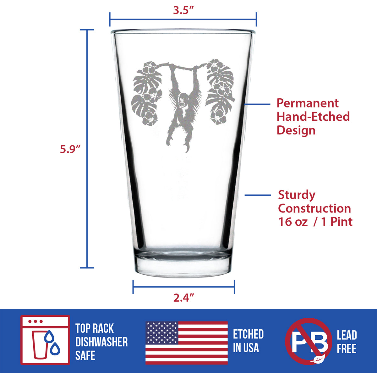 Orangutan Pint Glass for Beer - Fun Wild Animal Themed Decor and Gifts for Lovers of Apes and Monkeys - 16 Oz Glasses