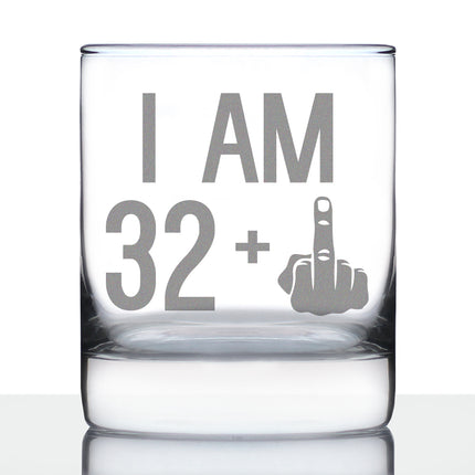 32 + 1 Middle Finger - Funny 33rd Birthday Whiskey Rocks Glass Gifts for Men & Women Turning 33 - Fun Whisky Drinking Tumbler