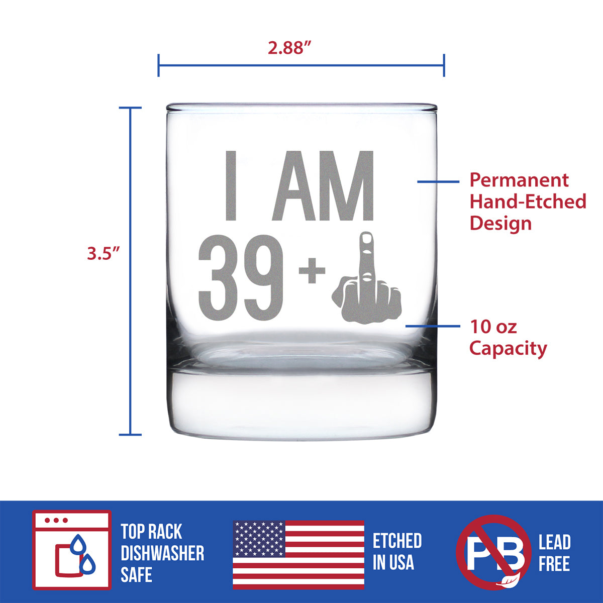 39 + 1 Middle Finger - Funny 40th Birthday Whiskey Rocks Glass Gifts for Men &amp; Women Turning 40 - Fun Whisky Drinking Tumbler