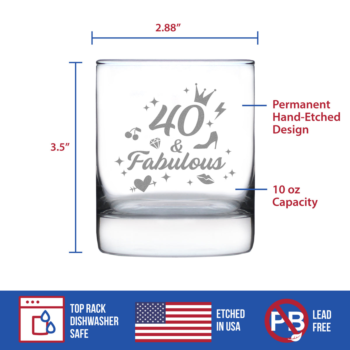 40 And Fabulous - Whiskey Rocks Glass Gift - Funny 40th Birthday Gifts for Women Turning 40 - 10.25 oz Glasses