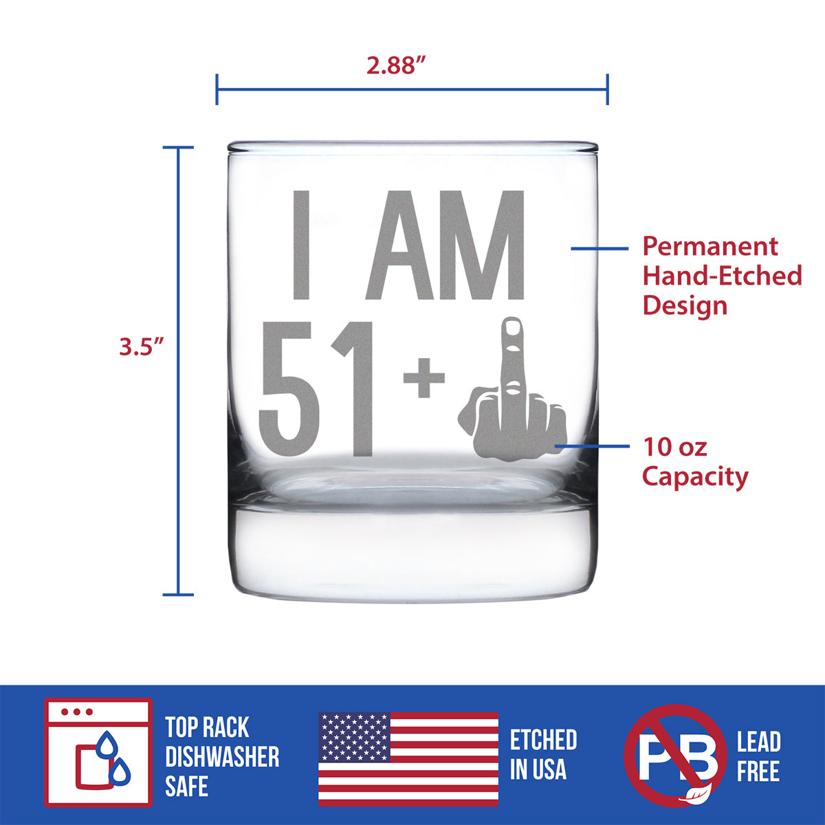 51 + 1 Middle Finger - Funny 52nd Birthday Whiskey Rocks Glass Gifts for Men &amp; Women Turning 52 - Fun Whisky Drinking Tumbler