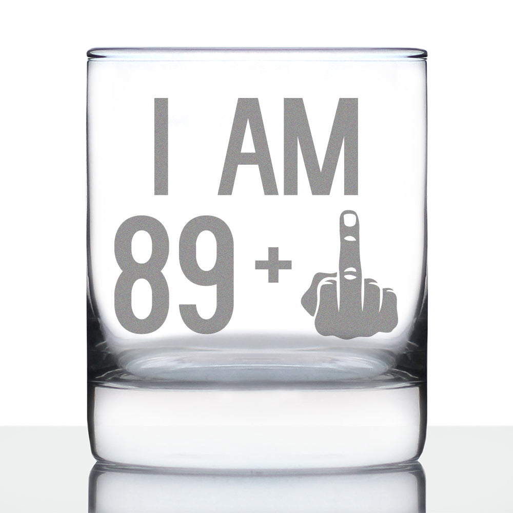 89 + 1 Middle Finger - Funny 90th Birthday Whiskey Rocks Glass Gifts for Men & Women Turning 90 - Fun Whisky Drinking Tumbler