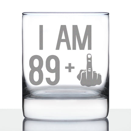 89 + 1 Middle Finger - Funny 90th Birthday Whiskey Rocks Glass Gifts for Men & Women Turning 90 - Fun Whisky Drinking Tumbler