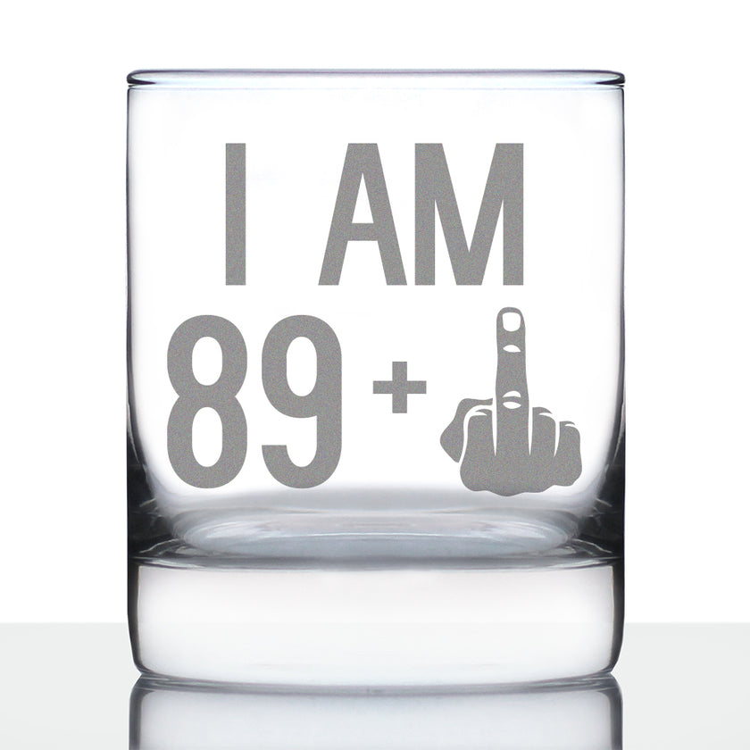 89 + 1 Middle Finger - Funny 90th Birthday Whiskey Rocks Glass Gifts for Men & Women Turning 90 - Fun Whisky Drinking Tumbler