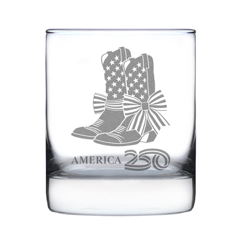 America 250 Cowgirl Boots Engraved Rocks Glass America250 Official for 250th Anniversary of the USA Weighted Whiskey Glasses - 10.25 oz
