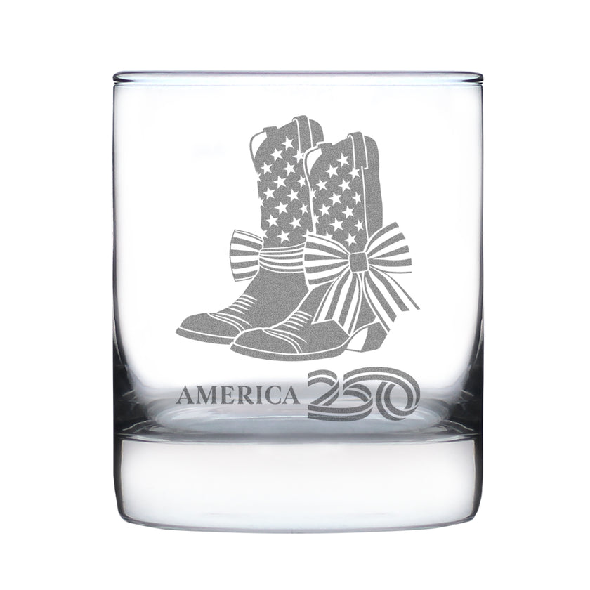 America 250 Cowgirl Boots Engraved Rocks Glass America250 Official for 250th Anniversary of the USA Weighted Whiskey Glasses - 10.25 oz