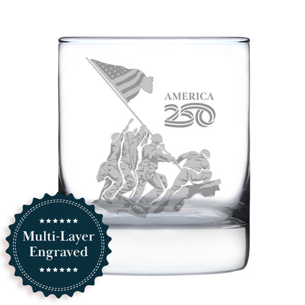 American 250 Raising the Flag on Iwo Jima Engraved Rocks Glass America250 Official for 250th Anniversary of the USA Weighted Whiskey Glasses - 10.25 oz