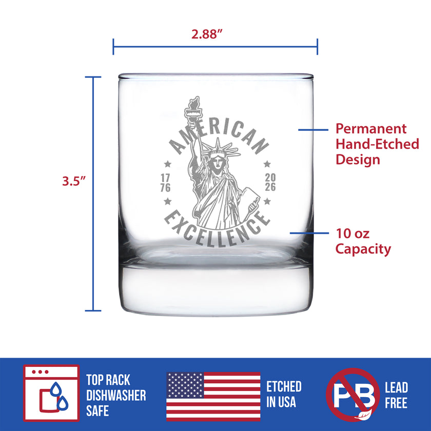 America 250 American Excellence Engraved Rocks Glass America250 Official for 250th Anniversary of the USA Weighted Whiskey Glasses - 10.25 oz
