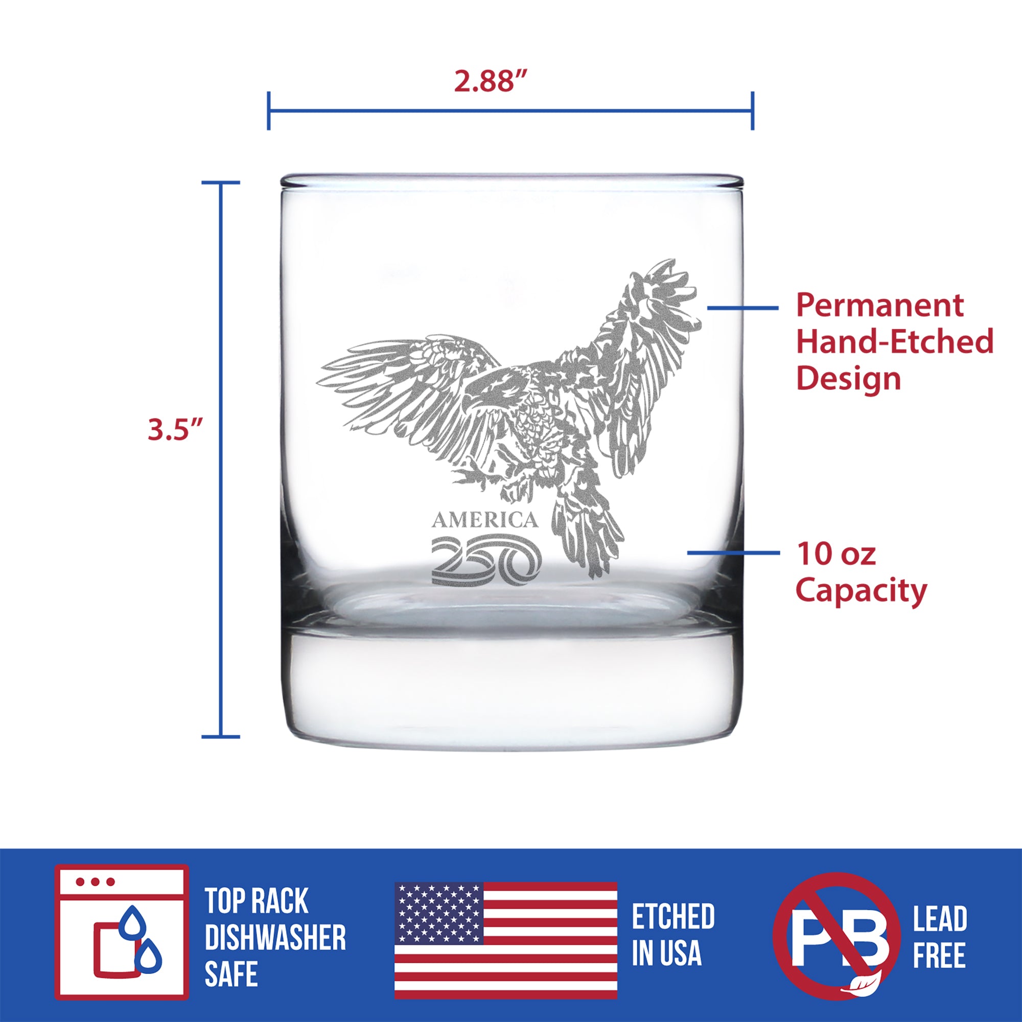 America 250 Bald Eagle Engraved Rocks Glass America250 Official for 250th Anniversary of the USA Weighted Whiskey Glasses - 10.25 oz