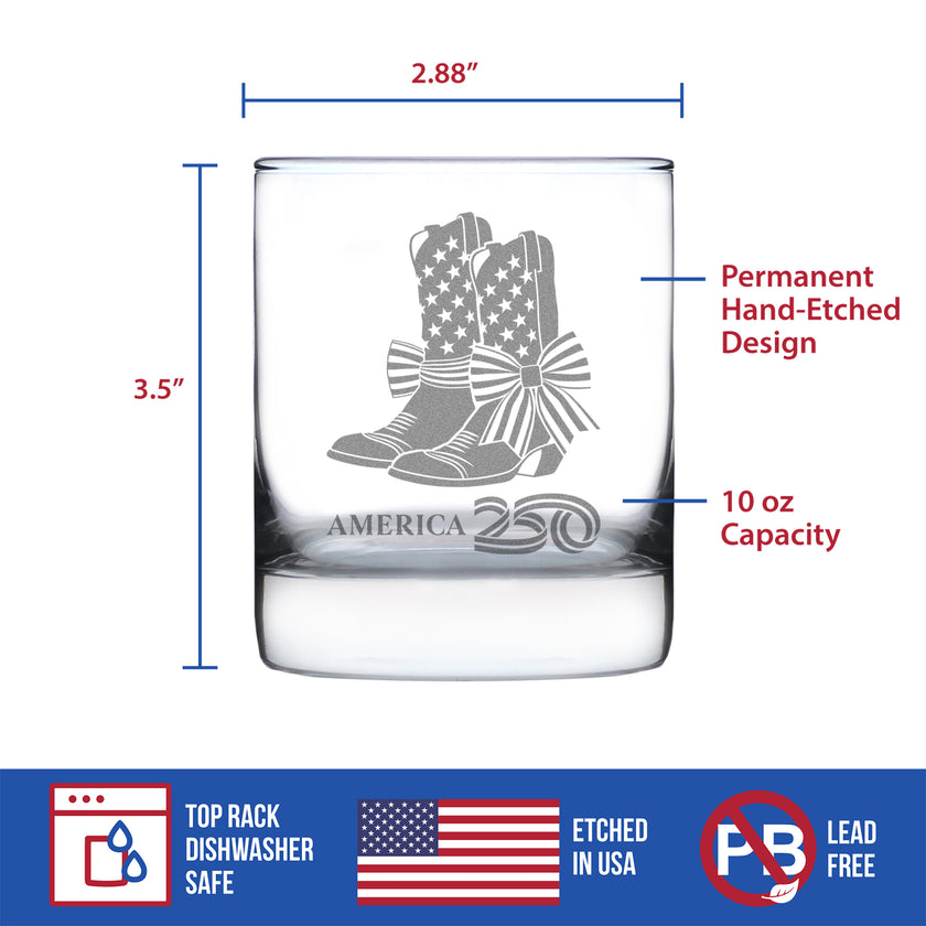 America 250 Cowgirl Boots Engraved Rocks Glass America250 Official for 250th Anniversary of the USA Weighted Whiskey Glasses - 10.25 oz