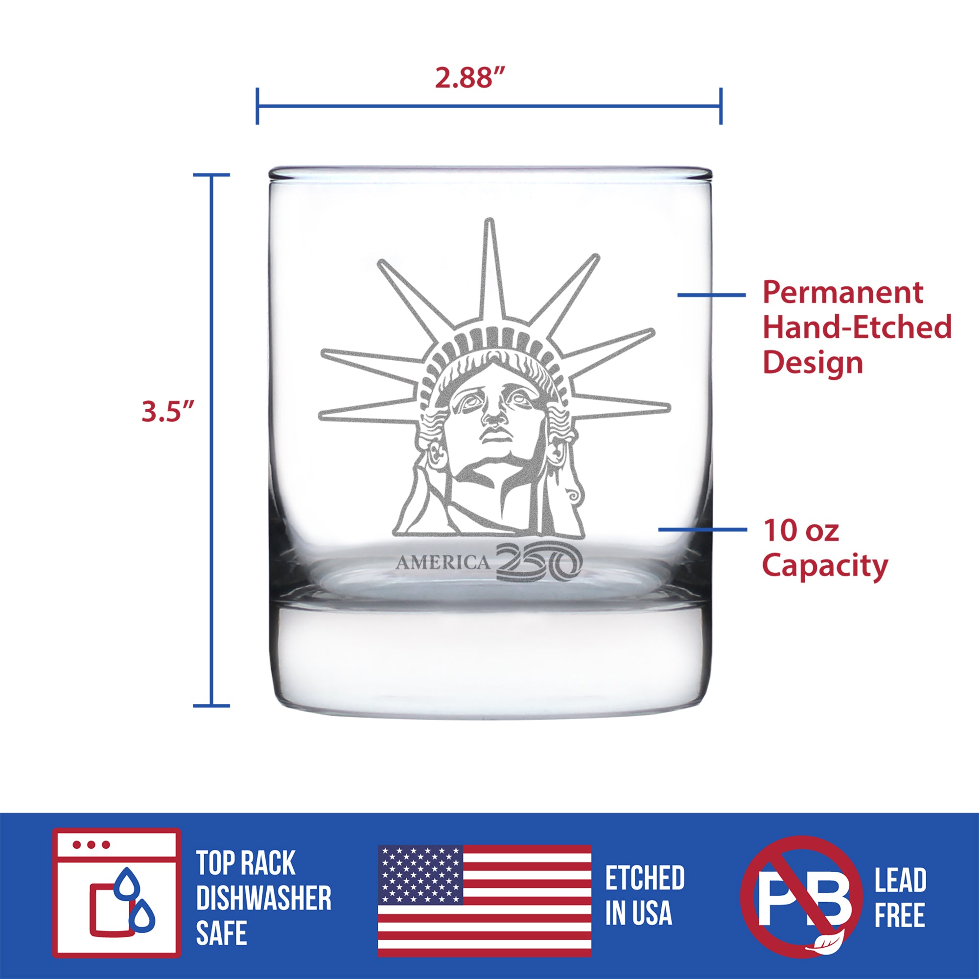 America 250 Statue of Liberty Profile Engraved Rocks Glass America250 Official for 250th Anniversary of the USA Weighted Whiskey Glasses - 10.25 oz