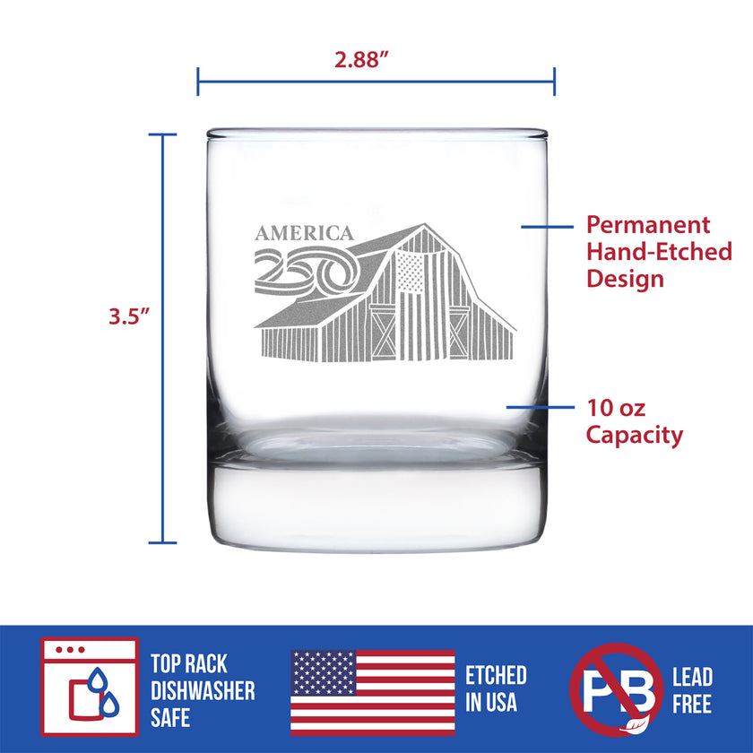 America 250 Homestead Barn Engraved Rocks Glass America250 Official for 250th Anniversary of the USA Weighted Whiskey Glasses - 10.25 oz
