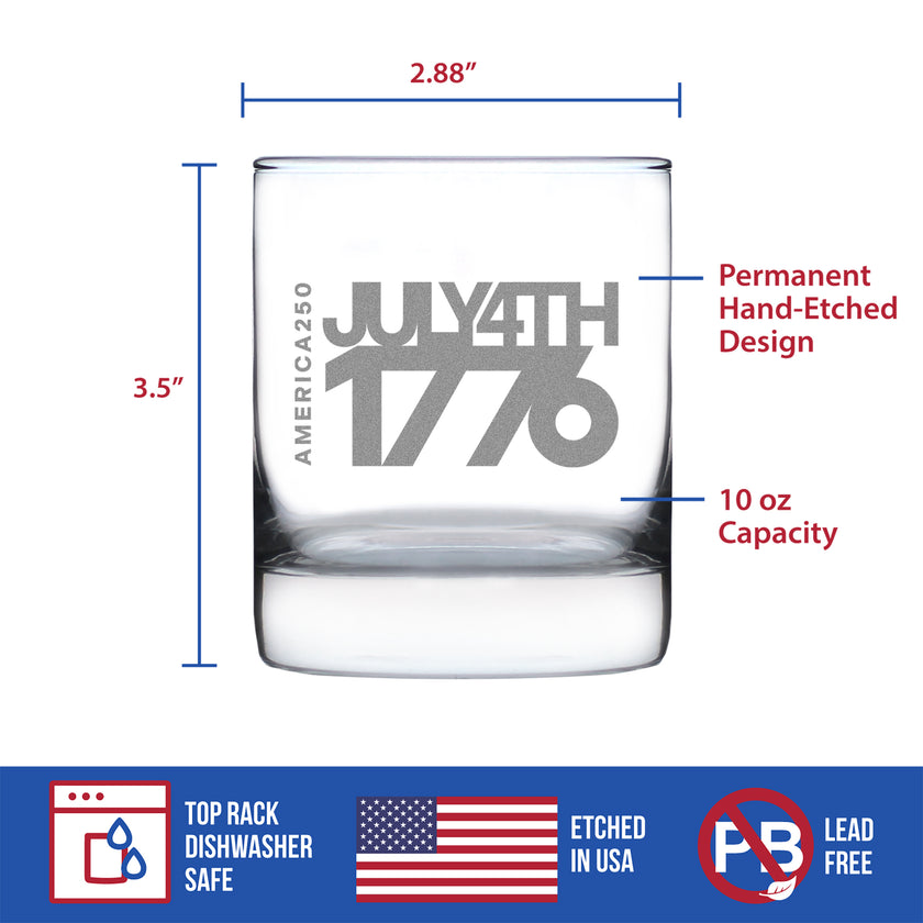 America 250 July 4 1776 Engraved Rocks Glass America250 Official for 250th Anniversary of the USA Weighted Whiskey Glasses - 10.25 oz