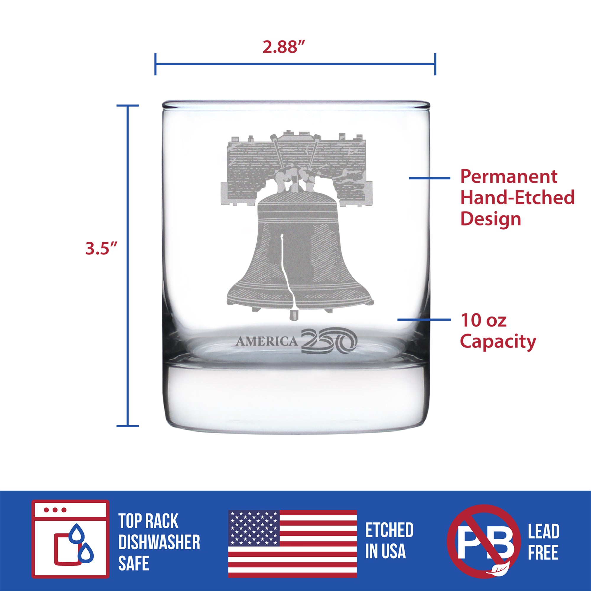 America 250 Liberty Bell Engraved Rocks Glass America250 Official for 250th Anniversary of the USA Weighted Whiskey Glasses - 10.25 oz