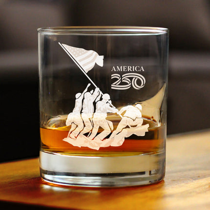 American 250 Raising the Flag on Iwo Jima Engraved Rocks Glass America250 Official for 250th Anniversary of the USA Weighted Whiskey Glasses - 10.25 oz