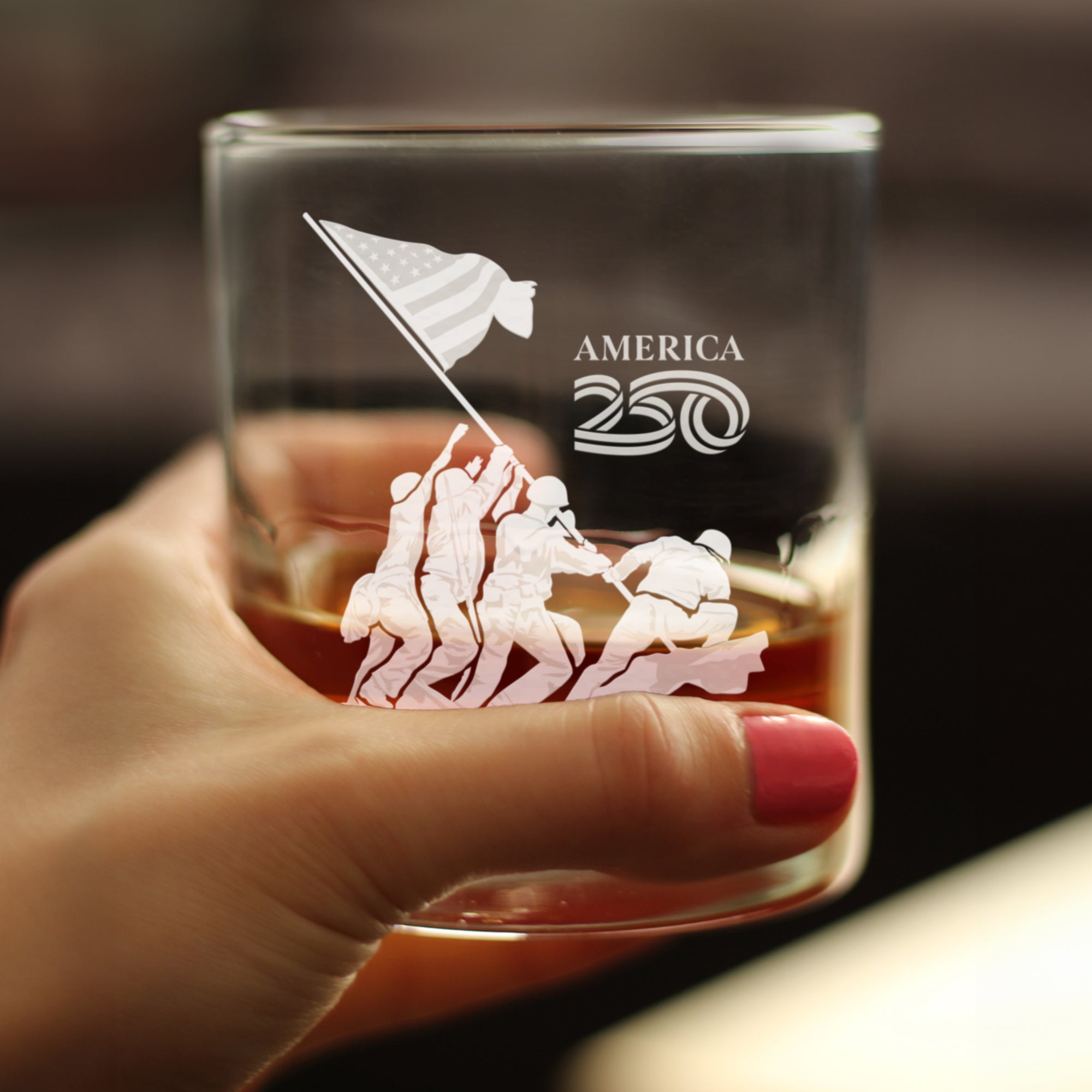 American 250 Raising the Flag on Iwo Jima Engraved Rocks Glass America250 Official for 250th Anniversary of the USA Weighted Whiskey Glasses - 10.25 oz