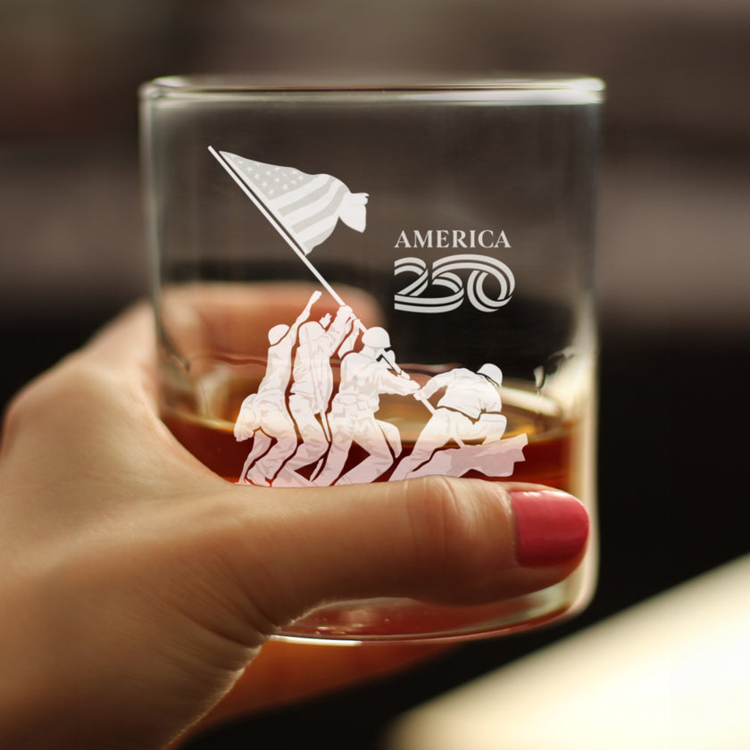 American 250 Raising the Flag on Iwo Jima Engraved Rocks Glass America250 Official for 250th Anniversary of the USA Weighted Whiskey Glasses - 10.25 oz