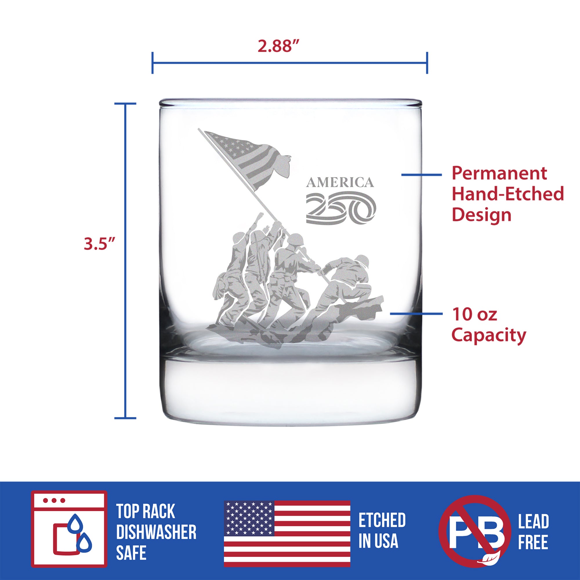 American 250 Raising the Flag on Iwo Jima Engraved Rocks Glass America250 Official for 250th Anniversary of the USA Weighted Whiskey Glasses - 10.25 oz