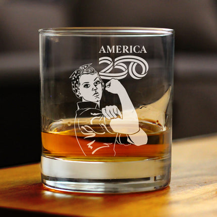 America 250 Rosie the Riveter Engraved Rocks Glass America250 Official for 250th Anniversary of the USA Weighted Whiskey Glasses - 10.25 oz
