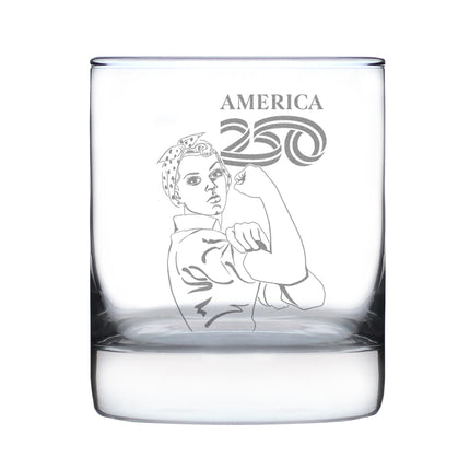America 250 Rosie the Riveter Engraved Rocks Glass America250 Official for 250th Anniversary of the USA Weighted Whiskey Glasses - 10.25 oz