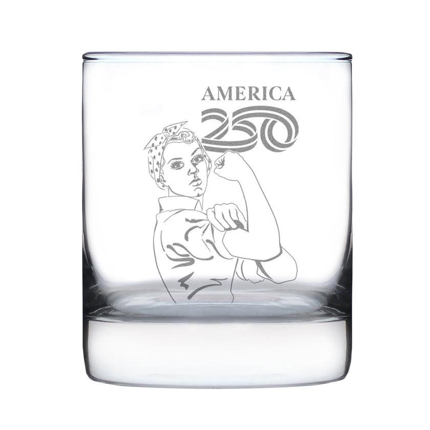 America 250 Rosie the Riveter Engraved Rocks Glass America250 Official for 250th Anniversary of the USA Weighted Whiskey Glasses - 10.25 oz