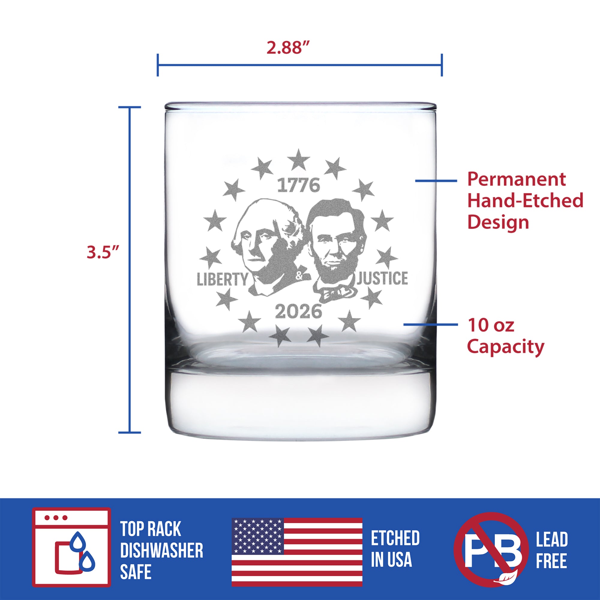 America 250 Washington Lincoln Engraved Rocks Glass America250 Official for 250th Anniversary of the USA Weighted Whiskey Glasses - 10.25 oz