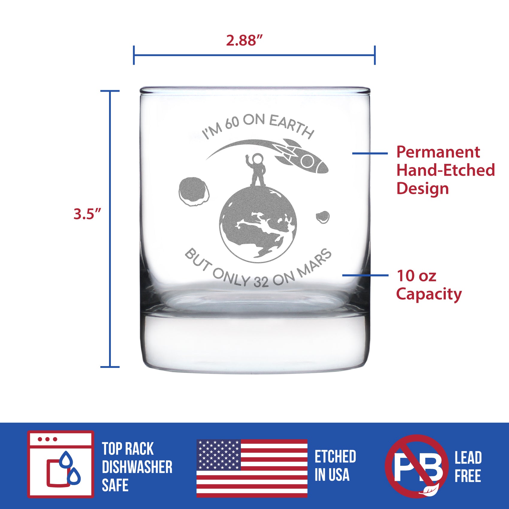Age on Mars 60 - Whiskey Rocks Glass Gift - Unique Funny 60th Birthday Gifts for Women and Men - 10.25 oz Glasses