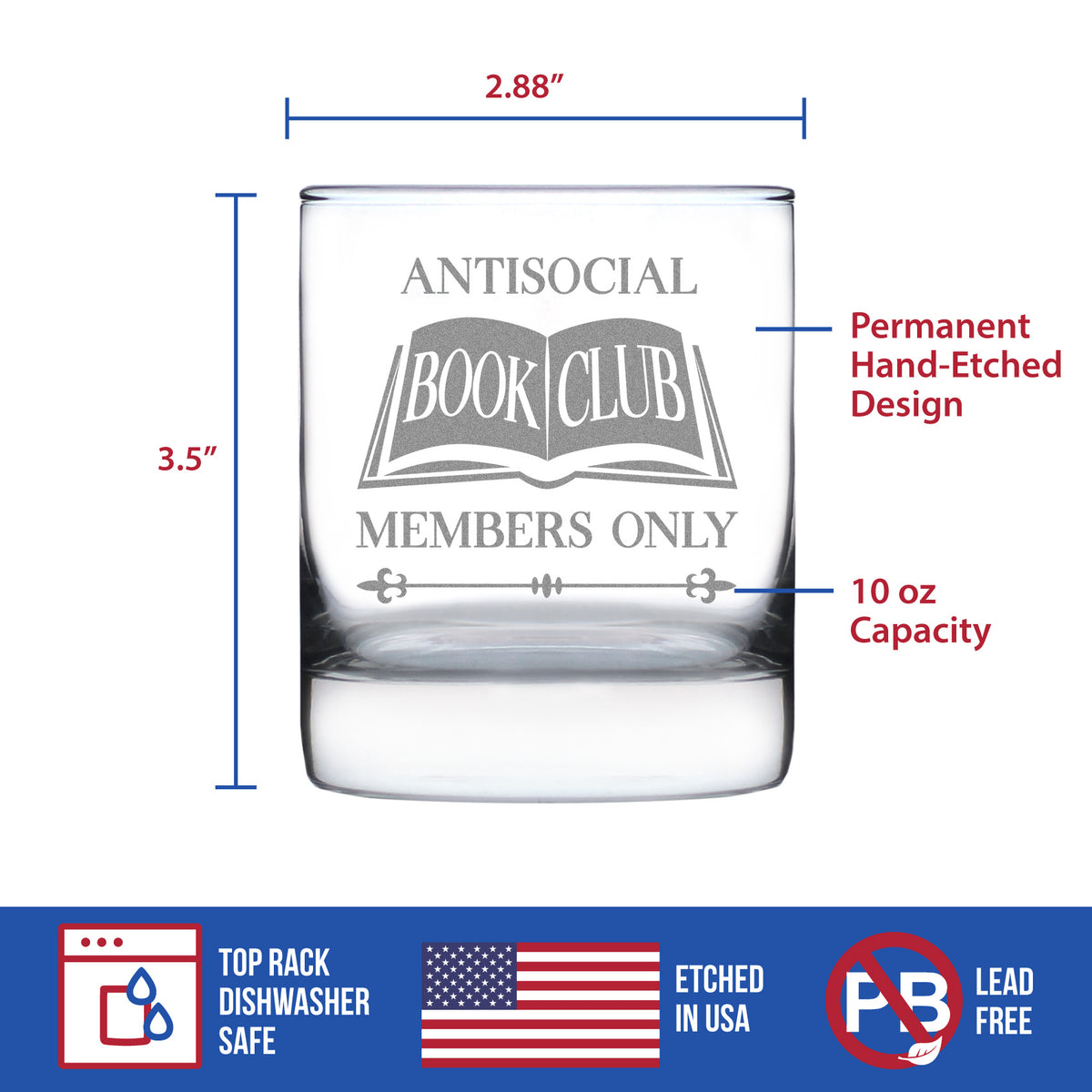 Antisocial Book Club Engraved Rocks Glass Funny Gifts for Introverts and Book Club Weighted Whiskey Glasses - 10.25 oz