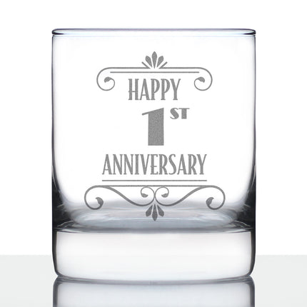Happy 1st Anniversary Engraved Rocks Glass Gifts 1 Year Anniversary Art Deco Party Decor Weighted Whiskey Glasses - 10.25 oz