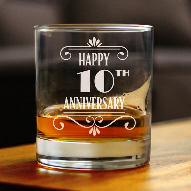Happy 10th Anniversary Engraved Rocks Glass Gifts 10 Year Anniversary Art Deco Party Decor Weighted Whiskey Glasses - 10.25 oz