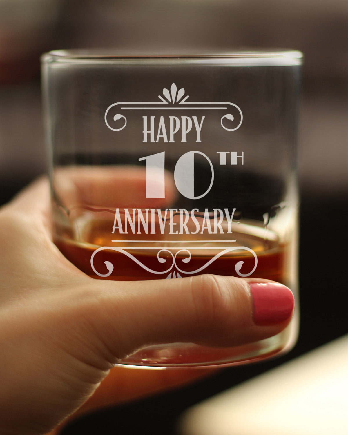 Happy 10th Anniversary Engraved Rocks Glass Gifts 10 Year Anniversary Art Deco Party Decor Weighted Whiskey Glasses - 10.25 oz