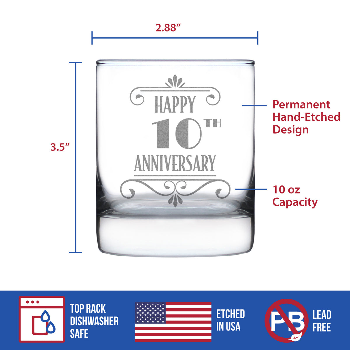 Happy 10th Anniversary Engraved Rocks Glass Gifts 10 Year Anniversary Art Deco Party Decor Weighted Whiskey Glasses - 10.25 oz