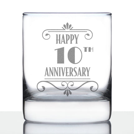 Happy 10th Anniversary Engraved Rocks Glass Gifts 10 Year Anniversary Art Deco Party Decor Weighted Whiskey Glasses - 10.25 oz