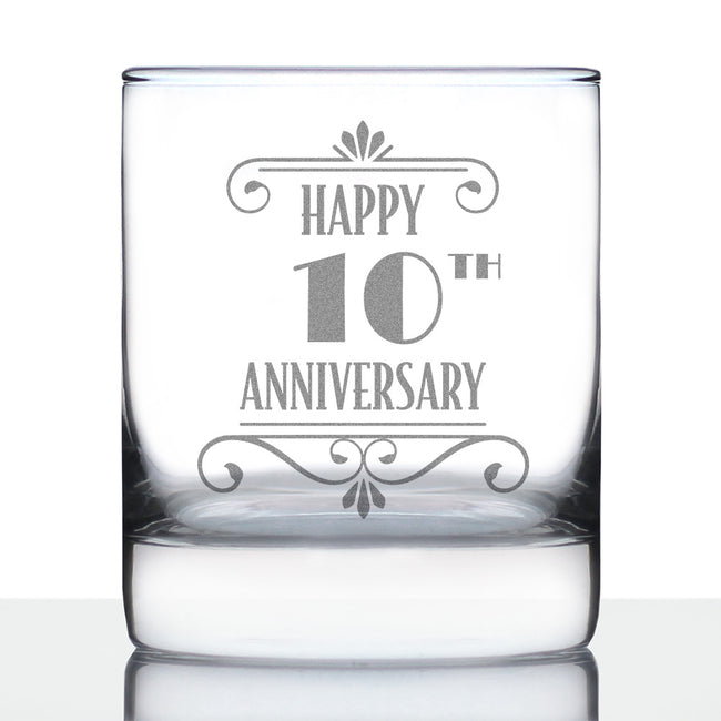 Happy 10th Anniversary Engraved Rocks Glass Gifts 10 Year Anniversary Art Deco Party Decor Weighted Whiskey Glasses - 10.25 oz