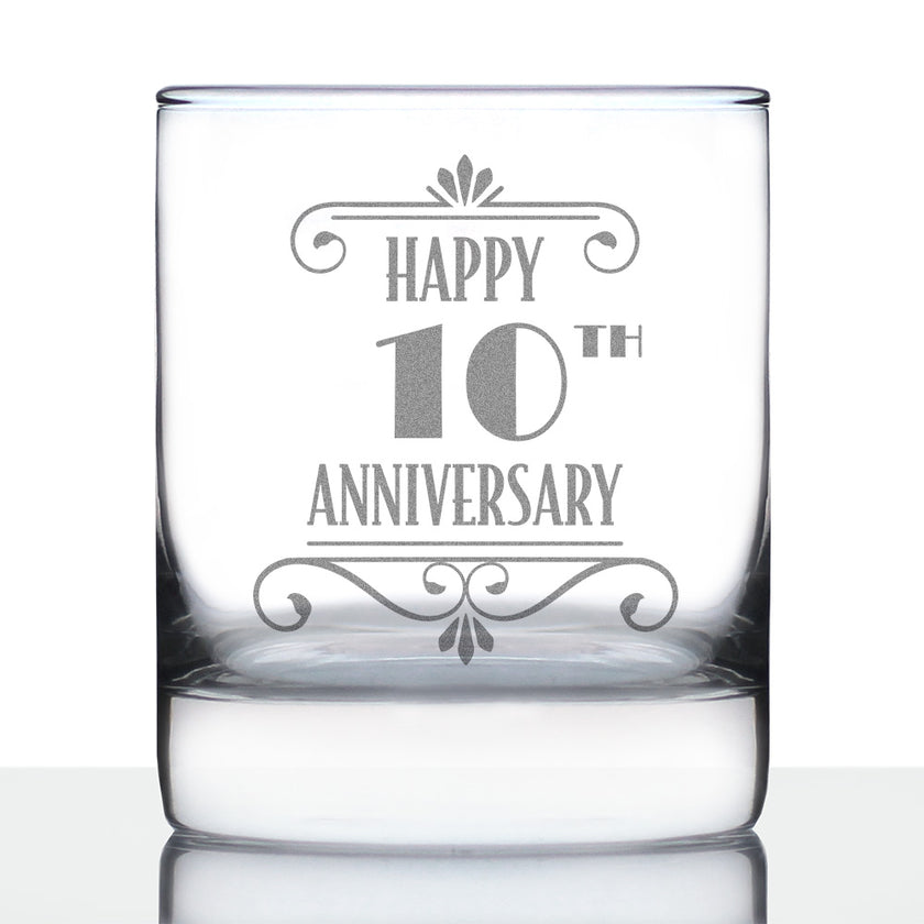 Happy 10th Anniversary Engraved Rocks Glass Gifts 10 Year Anniversary Art Deco Party Decor Weighted Whiskey Glasses - 10.25 oz