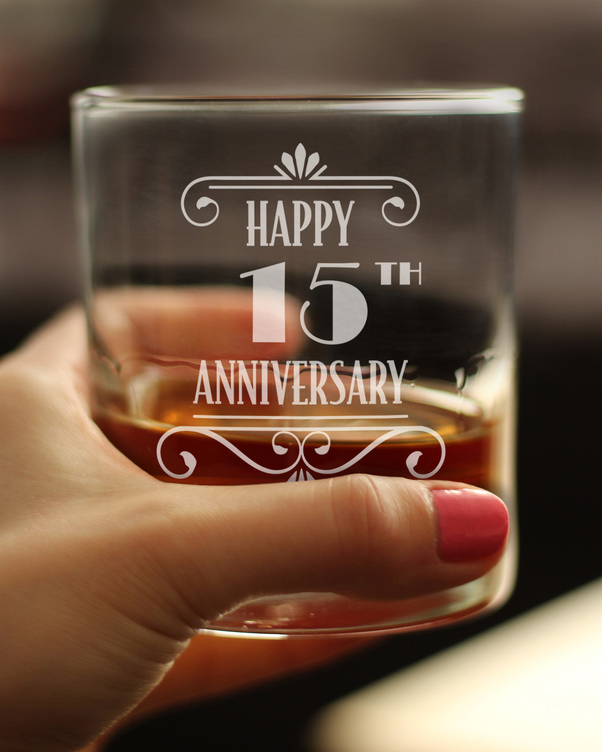 Happy 15th Anniversary Engraved Rocks Glass Gifts 15 Year Anniversary Art Deco Party Decor Weighted Whiskey Glasses - 10.25 oz