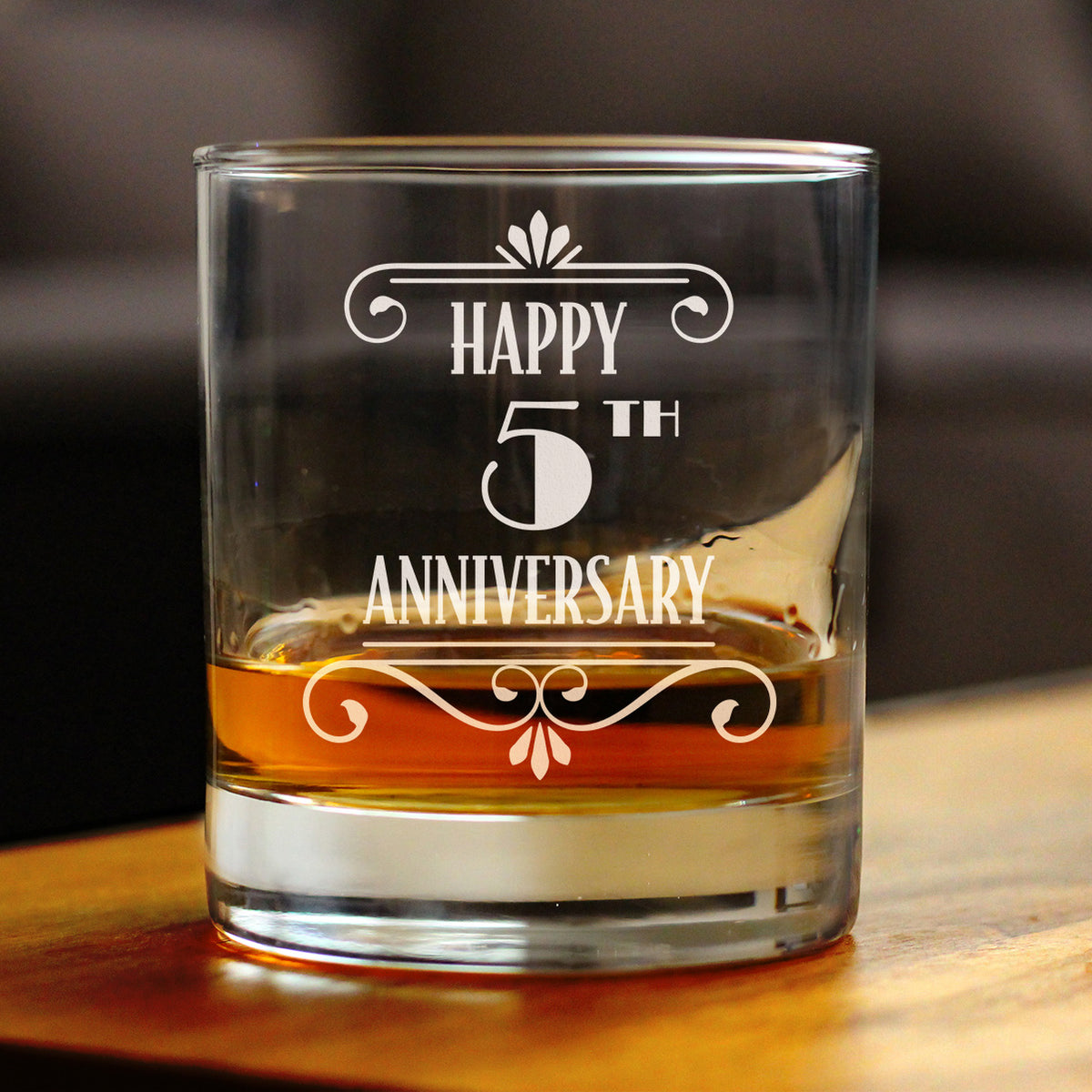 Happy 5th Anniversary Engraved Rocks Glass Gifts 5 Year Anniversary Art Deco Party Decor Weighted Whiskey Glasses - 10.25 oz