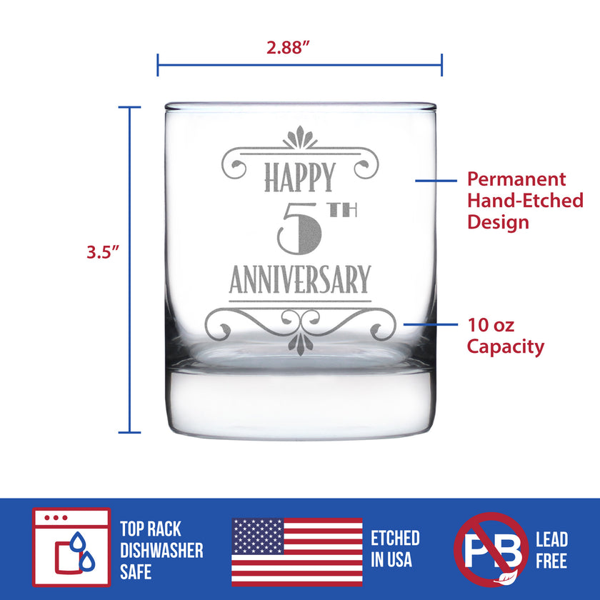 Happy 5th Anniversary Engraved Rocks Glass Gifts 5 Year Anniversary Art Deco Party Decor Weighted Whiskey Glasses - 10.25 oz