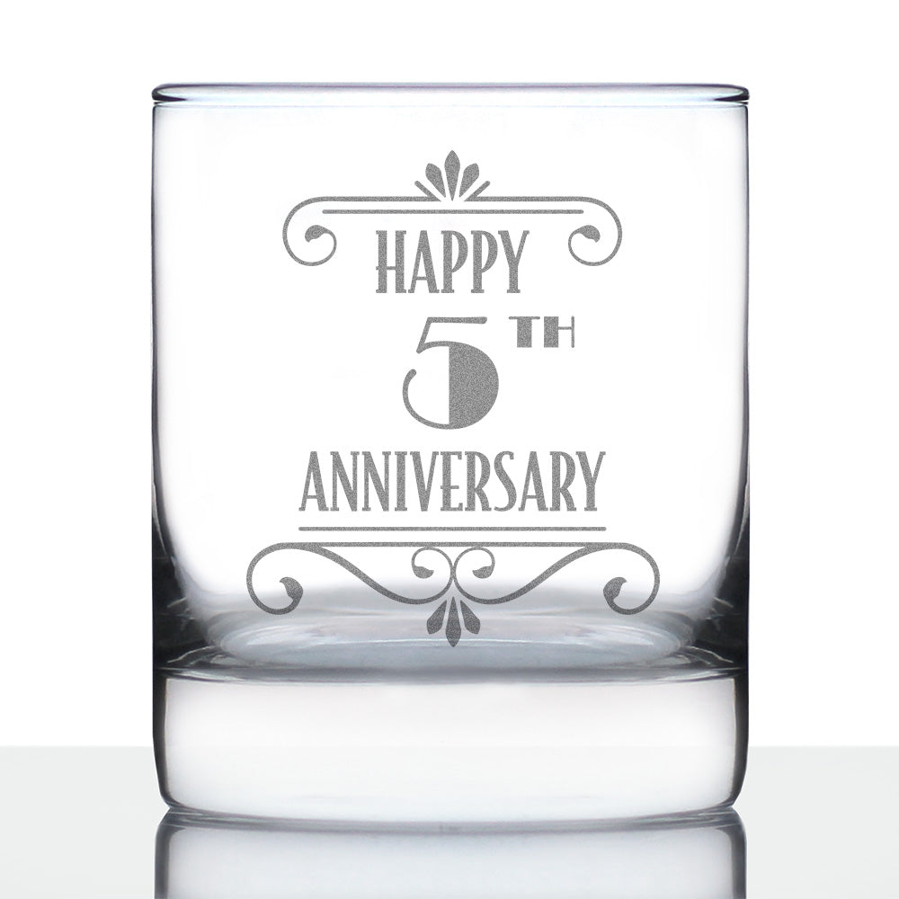 Happy 5th Anniversary Engraved Rocks Glass Gifts 5 Year Anniversary Art Deco Party Decor Weighted Whiskey Glasses - 10.25 oz