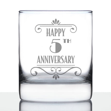 Happy 5th Anniversary Engraved Rocks Glass Gifts 5 Year Anniversary Art Deco Party Decor Weighted Whiskey Glasses - 10.25 oz