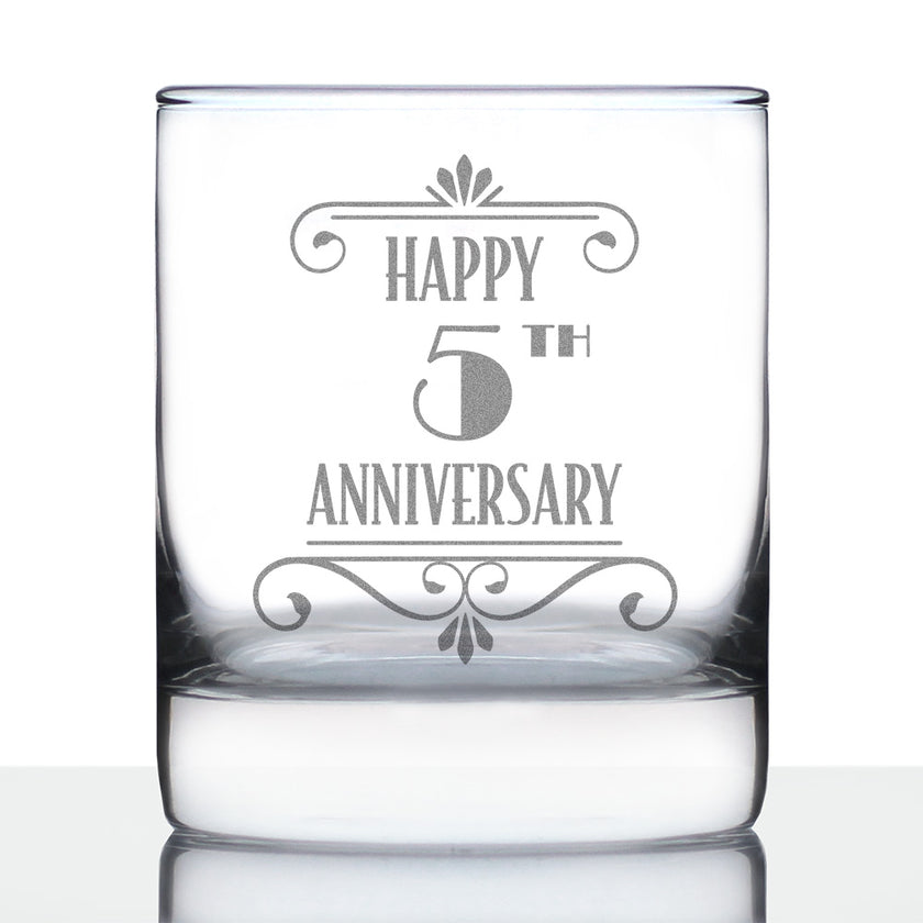 Happy 5th Anniversary Engraved Rocks Glass Gifts 5 Year Anniversary Art Deco Party Decor Weighted Whiskey Glasses - 10.25 oz