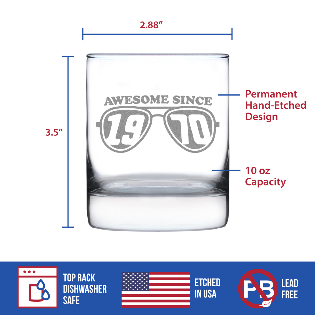 Awesome Since 1970 Engraved Rocks Glass Gifts 55th Birthday Gift Ideas Weighted Whiskey Glasses - 10.25 oz