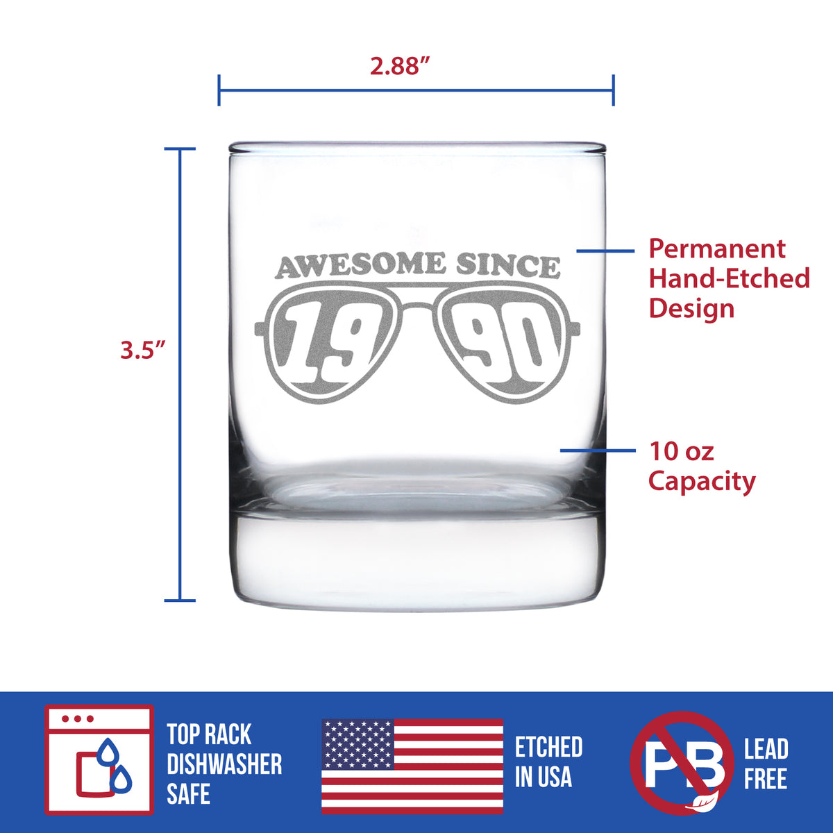 Awesome Since 1990 Engraved Rocks Glass Gifts 35th Birthday Gift Ideas Weighted Whiskey Glasses - 10.25 oz
