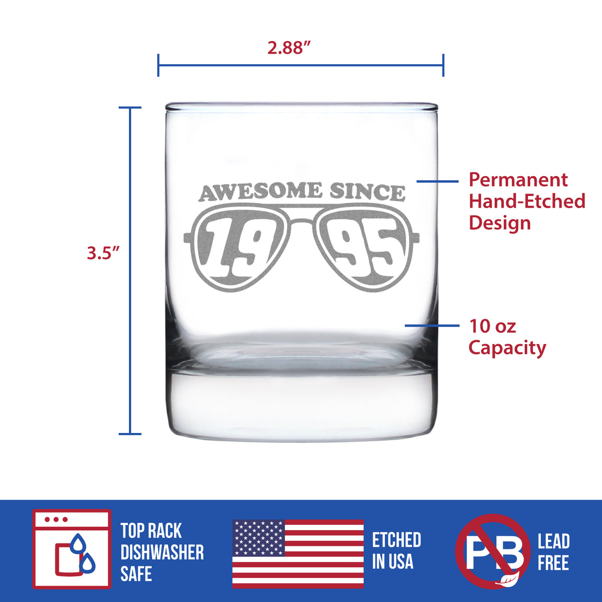 Awesome Since 1995 Engraved Rocks Glass Gifts 30th Birthday Gift Ideas Weighted Whiskey Glasses - 10.25 oz