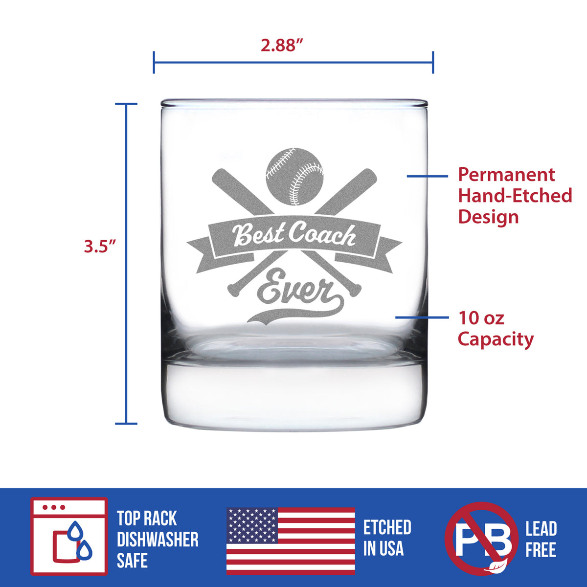 Baseball Gifts for Coaches - Engraved Rocks Glass - Best Coach Ever - Weighted Whiskey Glasses - 10.25 oz