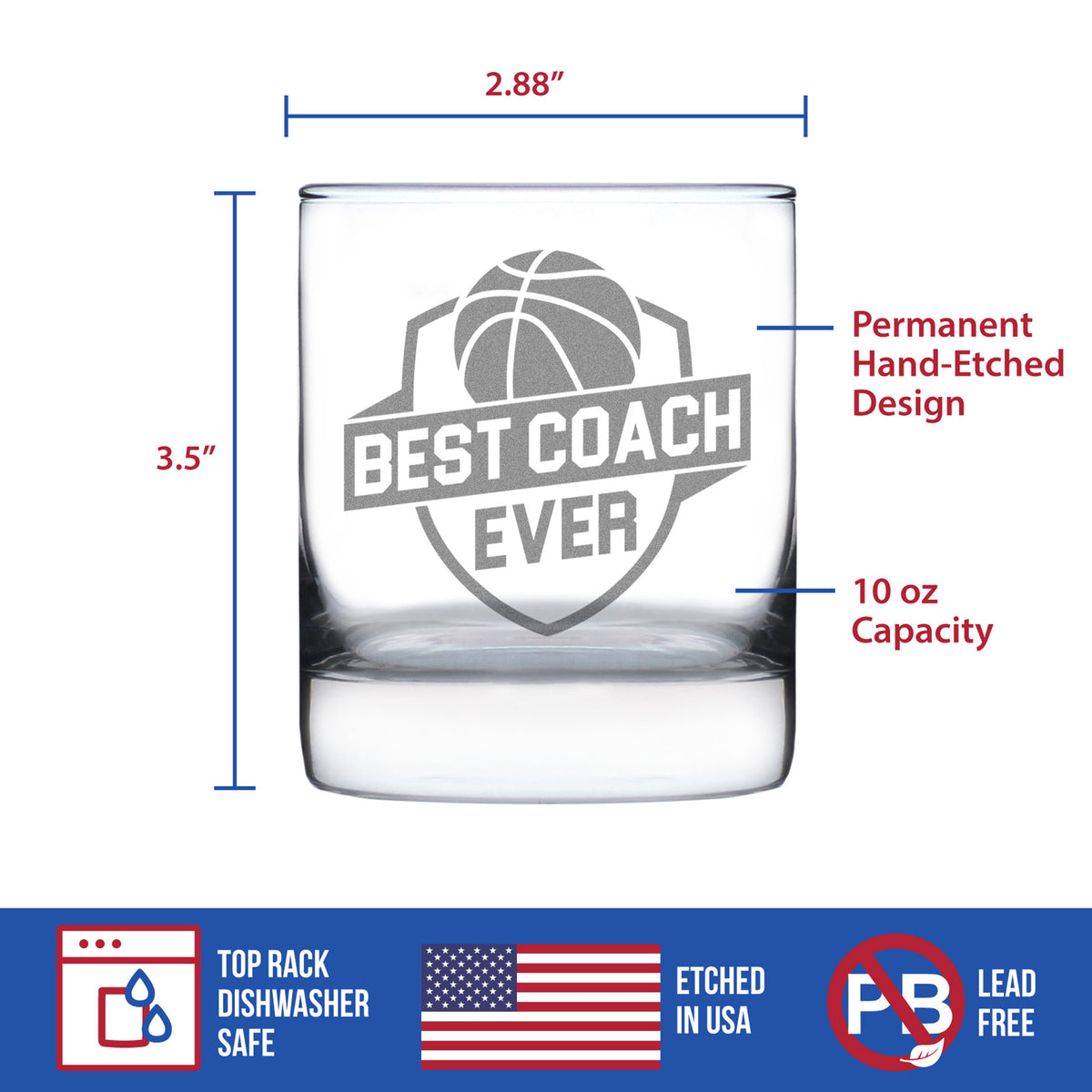 Basketball Coach Gifts for Coaches - Engraved Rocks Glass - Best Coach Ever - Weighted Whiskey Glasses - 10.25 oz