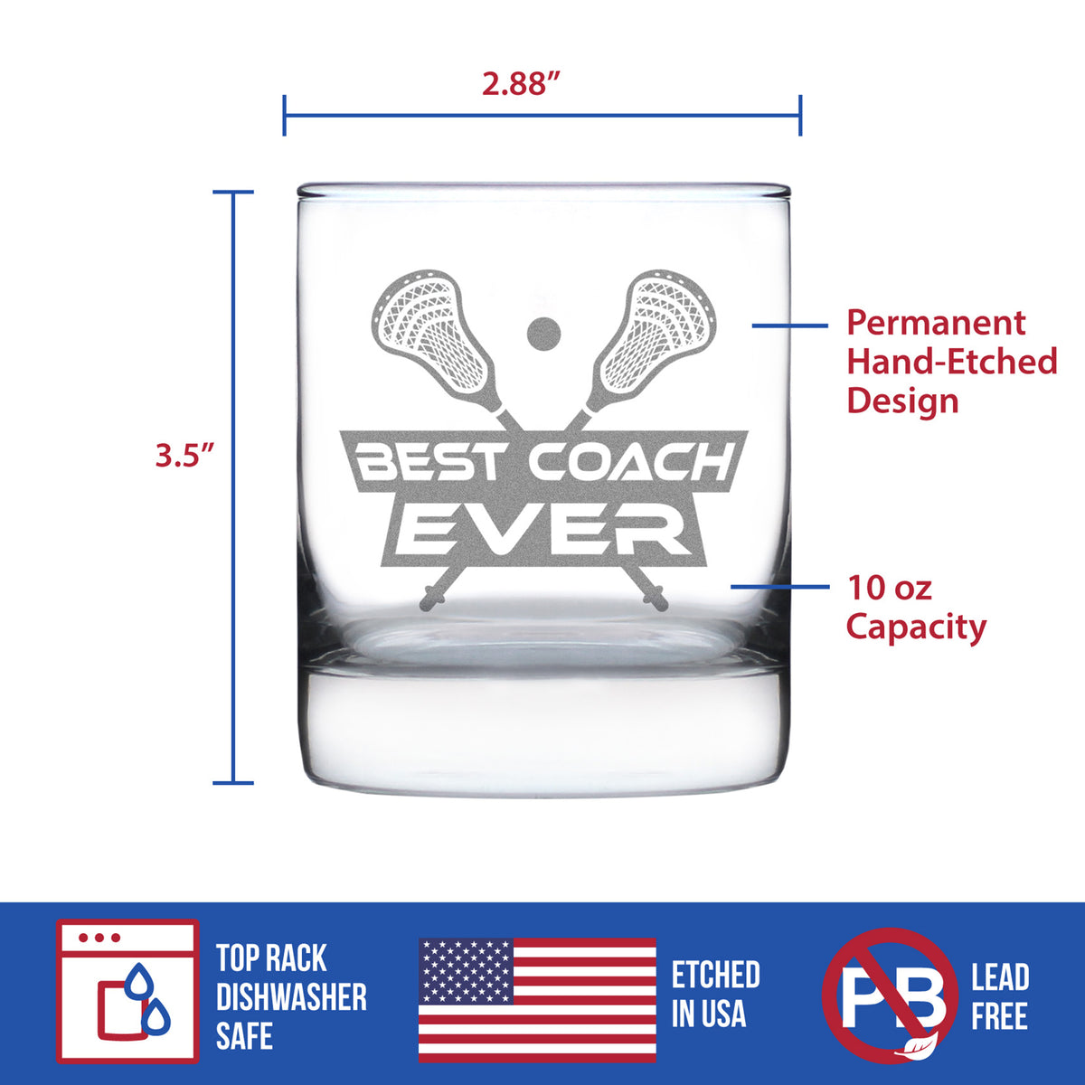 Lacrosse Coach Gifts for Coaches - Engraved Rocks Glass - Best Coach Ever - Weighted Whiskey Glasses - 10.25 oz