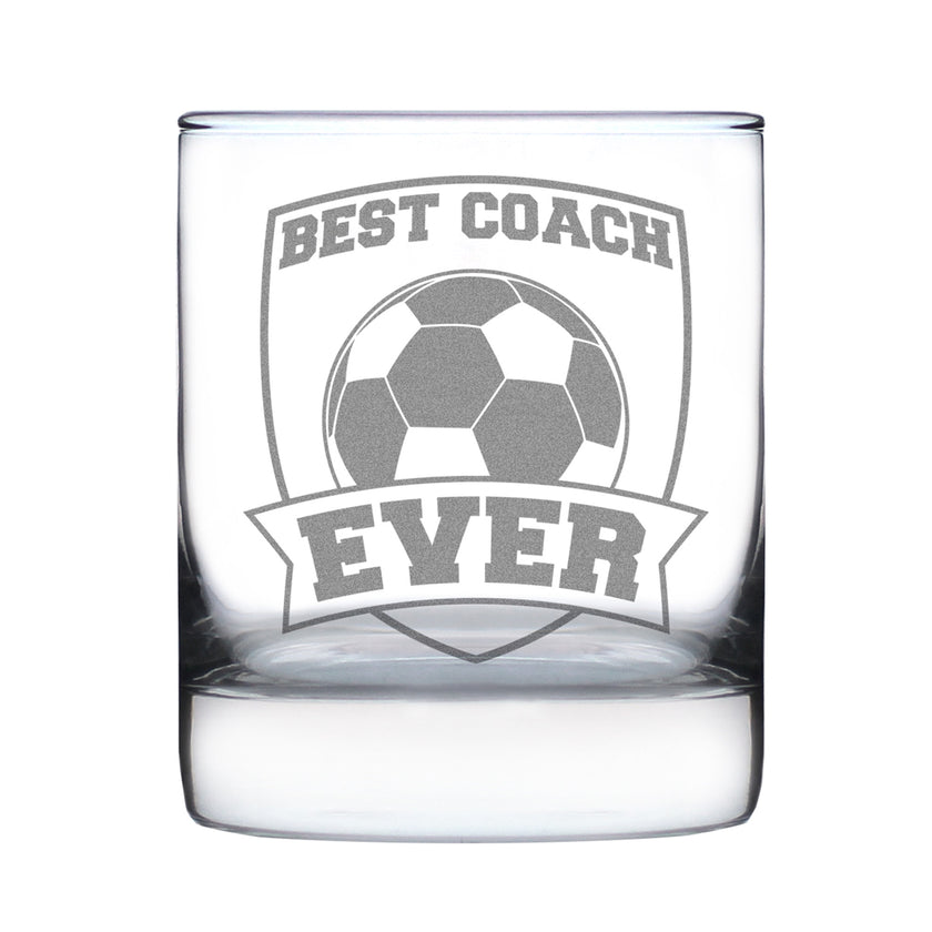 Soccer Gifts for Coaches - Engraved Rocks Glass - Best Coach Ever - Weighted Whiskey Glasses - 10.25 oz