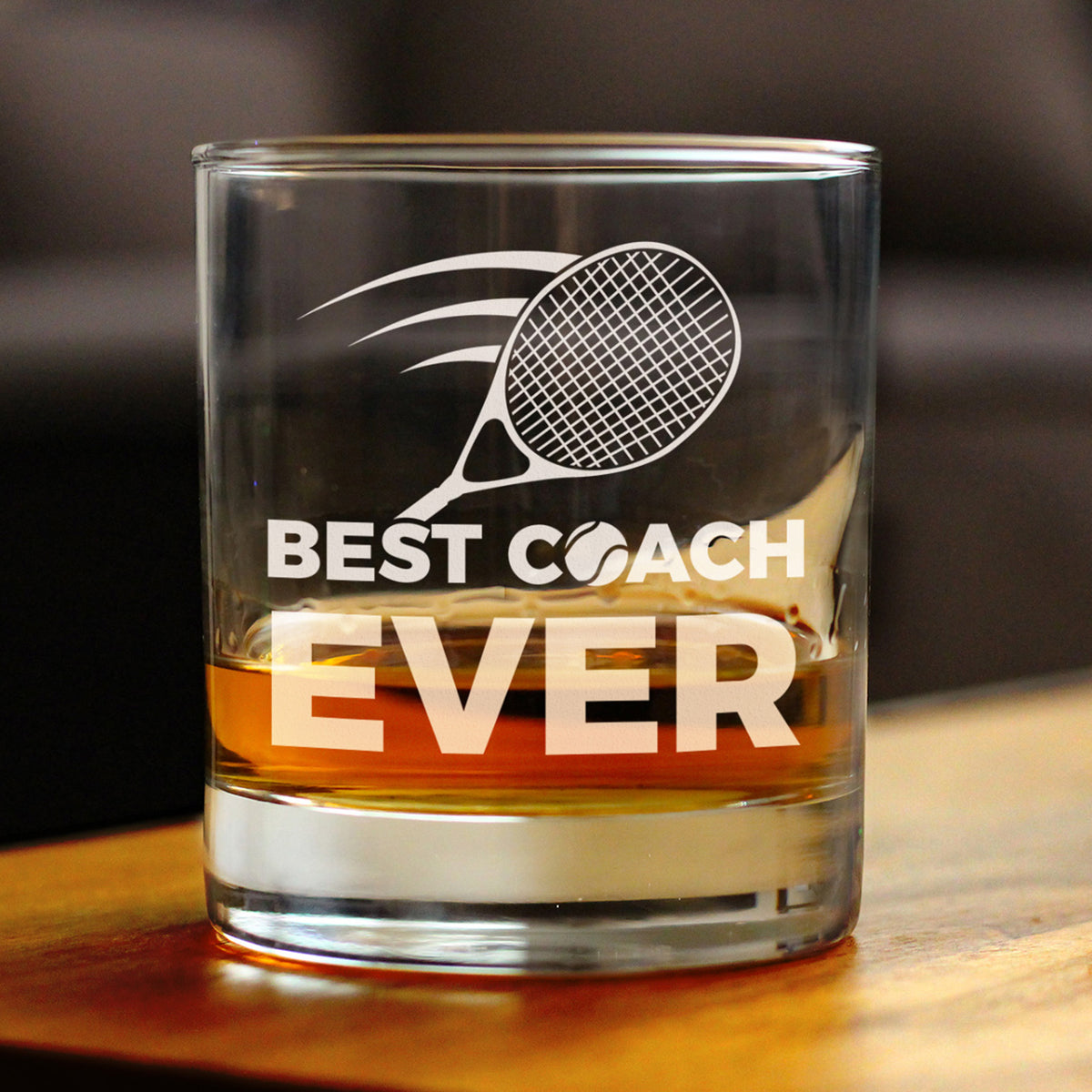 Tennis Coach Gifts for Coaches - Engraved Rocks Glass - Best Coach Ever - Weighted Whiskey Glasses - 10.25 oz